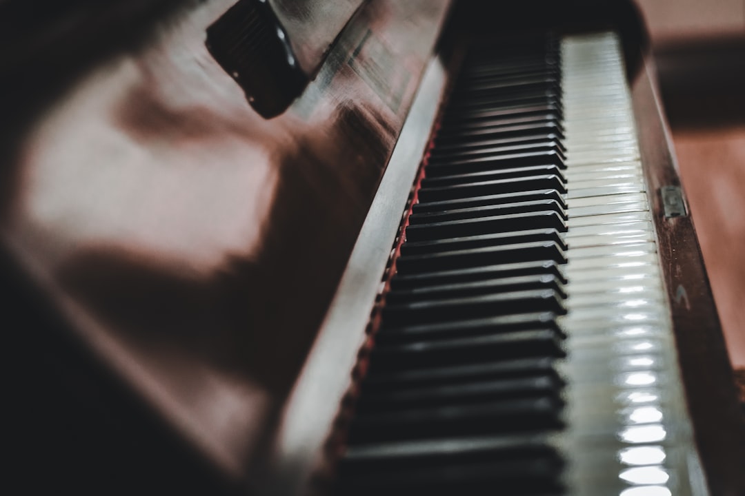a close up of a piano keyboard with a blurry background